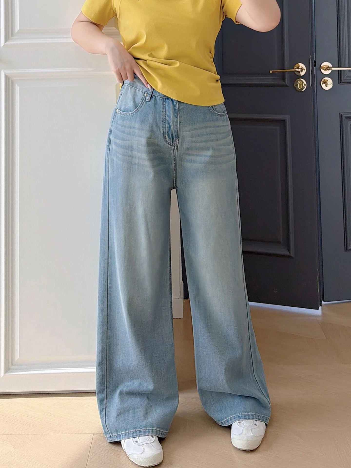 

Свободные джинсы с высокой талией и широкими штанинами для женщин больших размеров, светло-голубые, для фигуры типа «груша», удобные повседневные брюки