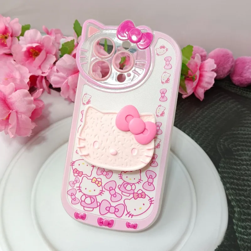Nova kawaii sanrio olá kitty capa de telefone de silicone macio com suporte adequado para iphone 16 15 14 12 13 11 pro max alta beleza