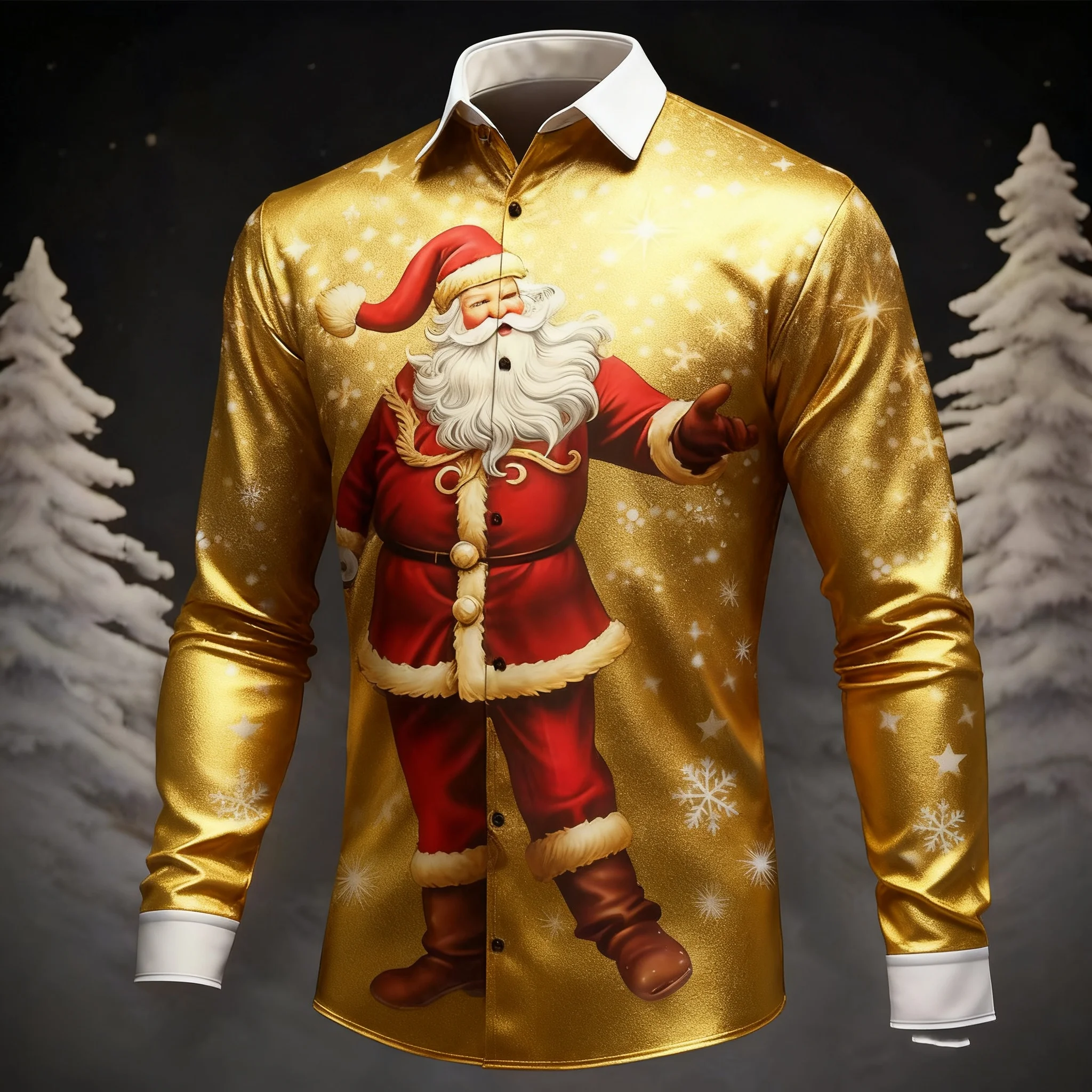 

New Christmas tree print men's long-sleeved shirt, stylish men's Christmas shirt, casual men's shirt for autumn and winter.