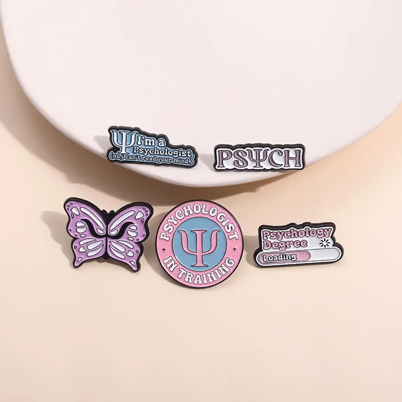 Psychology Collection Badges Enamel Pins Funny Backpack Lapel Badges Psychologist in Training Butterfly Brooches Jewelry Gifts