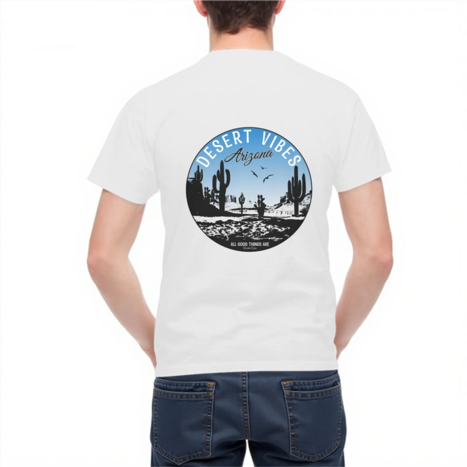 Desert Vibes Arizona Cactus Graphic T-Shirt Men's Casual Cotton Crew Neck Tee
