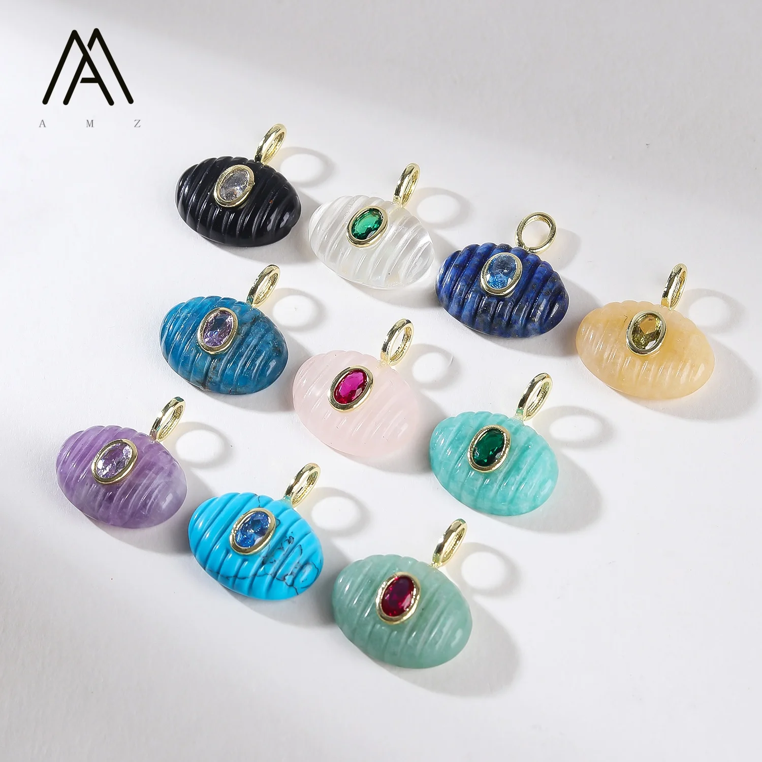 1/3/5/10pcs Fluted Oval Mineral Charm, Multi-hued Natural Stone Ribbed Pendant for DIY Necklace Jewelry Making Golden Plated