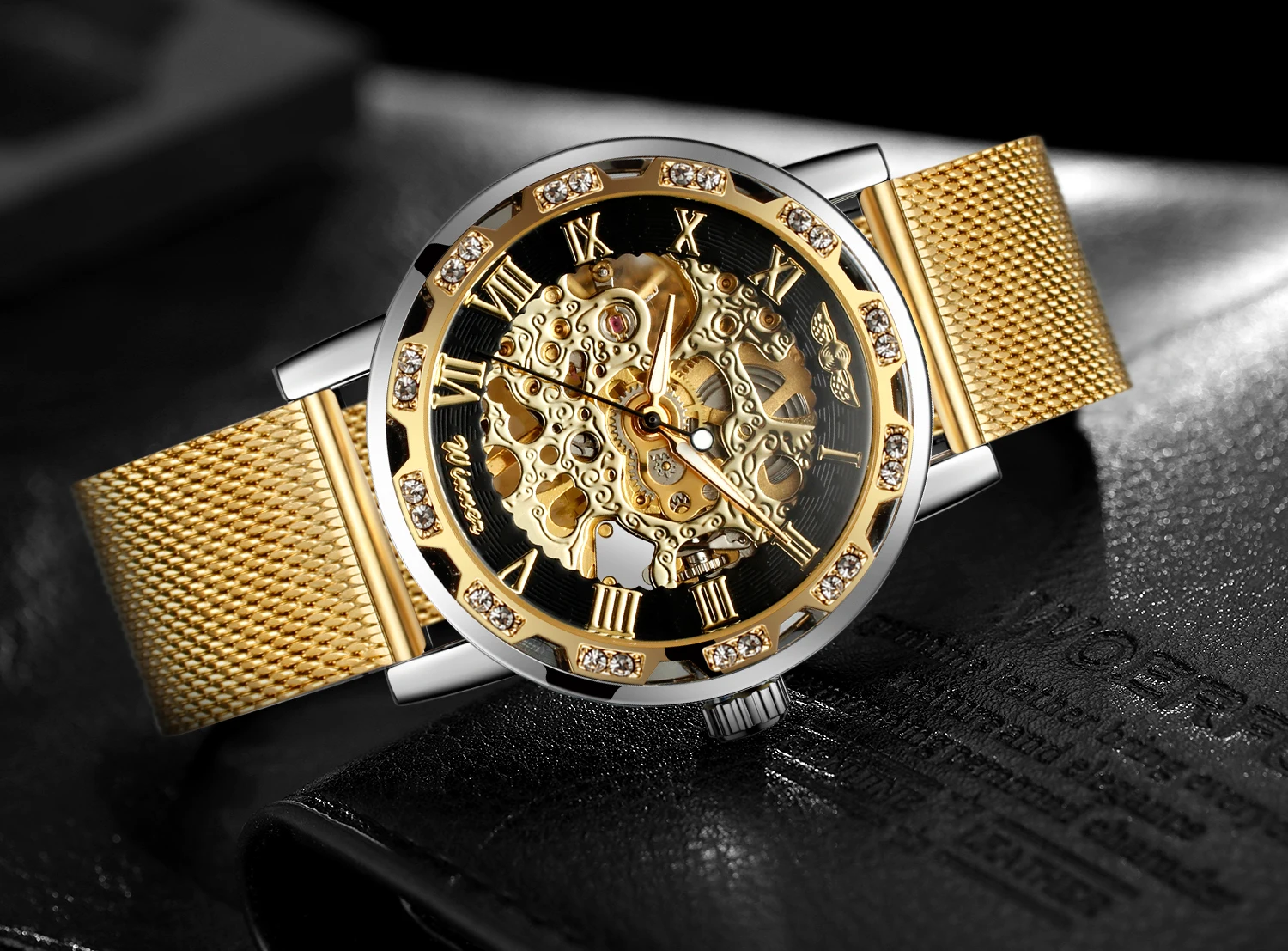 T-WINNER Classic Roman Numerals Mens Watches Engraving Skeleton Mechanical Luminous Pointers Rhinestone Mesh Band Man Wristwatch