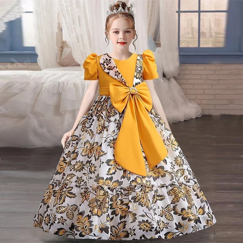 4-12year New Summer Girls' Dress Chiffon Big Bow Party Dress Printed Outgoing Photography Clothing 4-12 Year Old Childrens Cloth