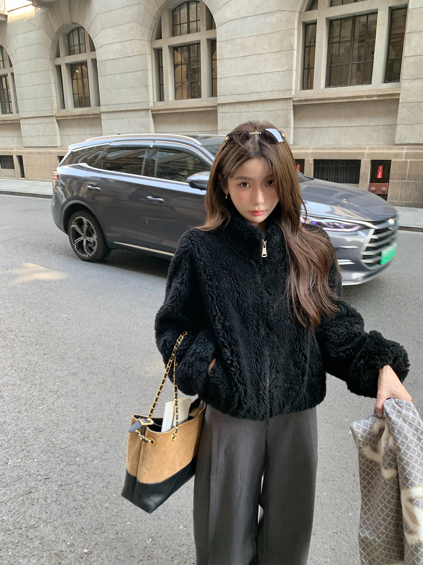 UPFURS Abrigo de piel de cordero ort para mujer, cálido, informal, de poliéster, Thiened, invierno, nuevo, holgado, con cierre de cremallera