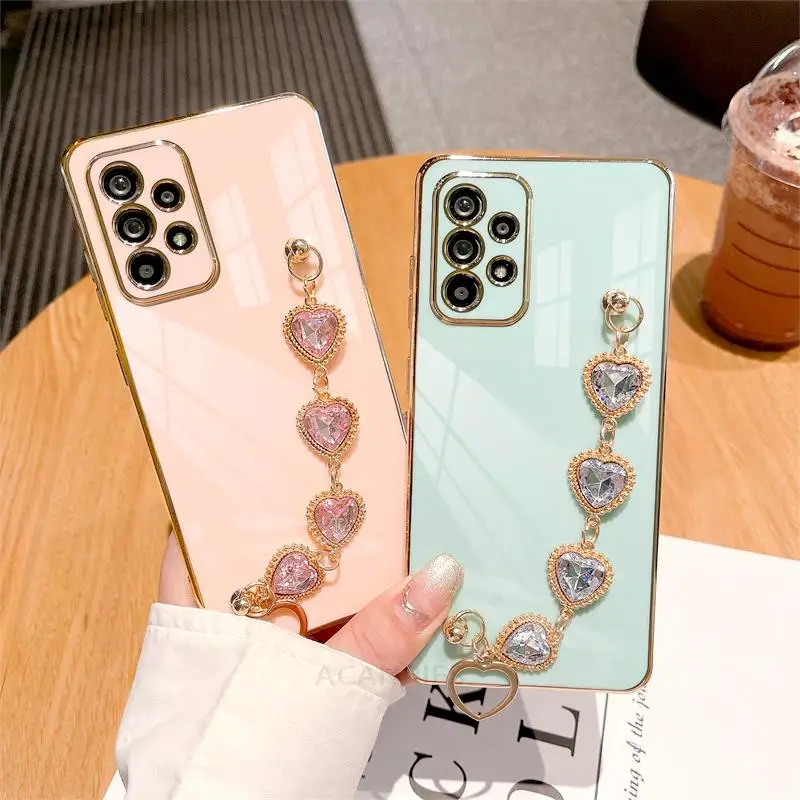 A 52 53 23 Luxury Chain Bracelet Case For Samsung Galaxy A52 A53 A33 A23 A13 A72 A73 A32 4g 5g Plating Silicone Wrist Cover A52s