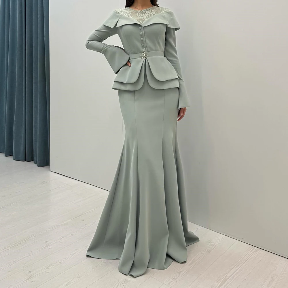 

Вечерние платья трапециевидной формы по индивидуальному заказу, длиной до пола, с круглым вырезом и длинными рукавами, платье для выпускного вечера, модное кружевное простое драпированное повседневное вечернее платье на пуговицах