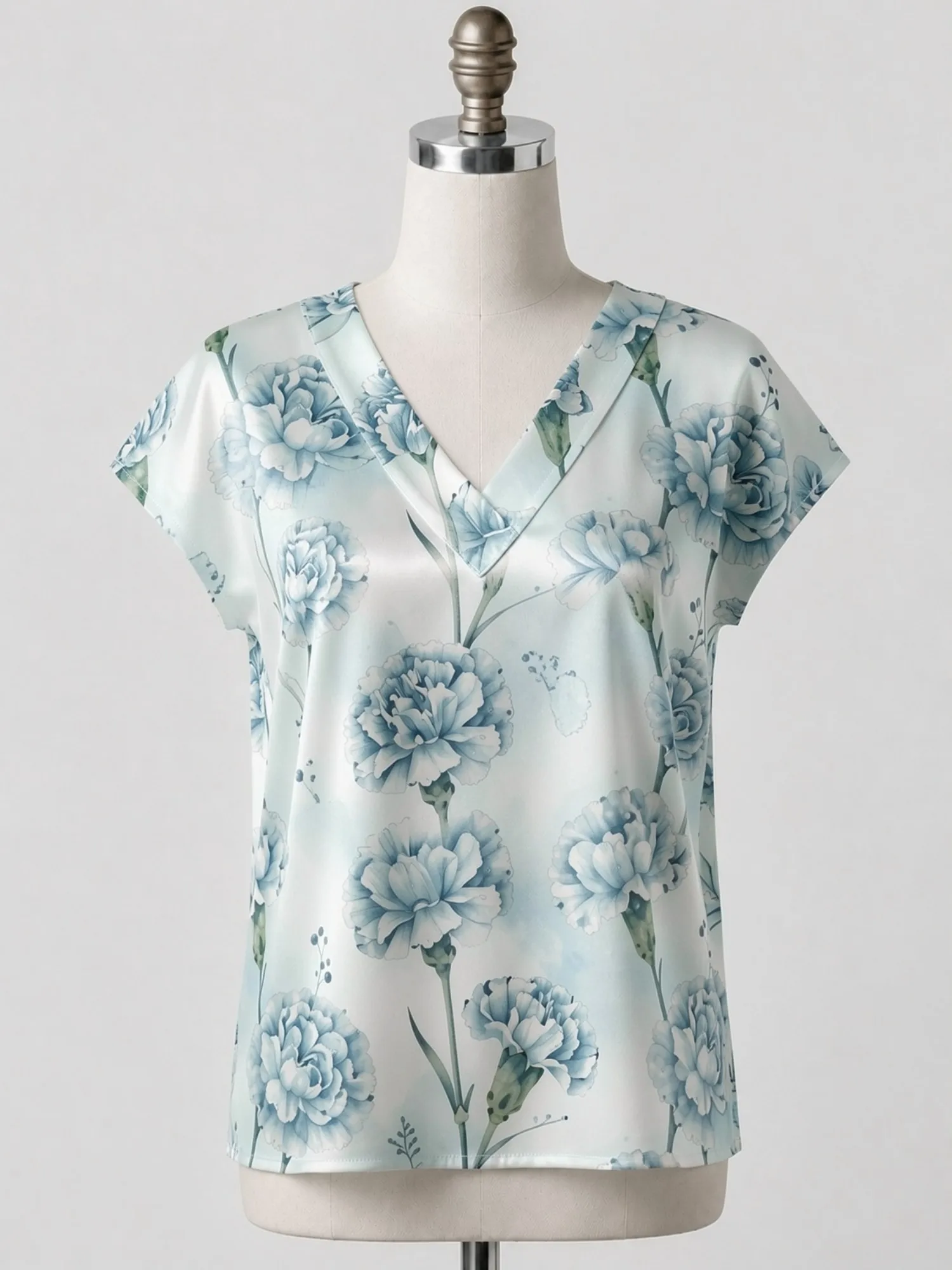 Floral Satin V Neck Top for Women Cap Sleeve Flowy Draped Fit Silky Office Vacation Dinner Wear Lightweight Breathable Versatile
