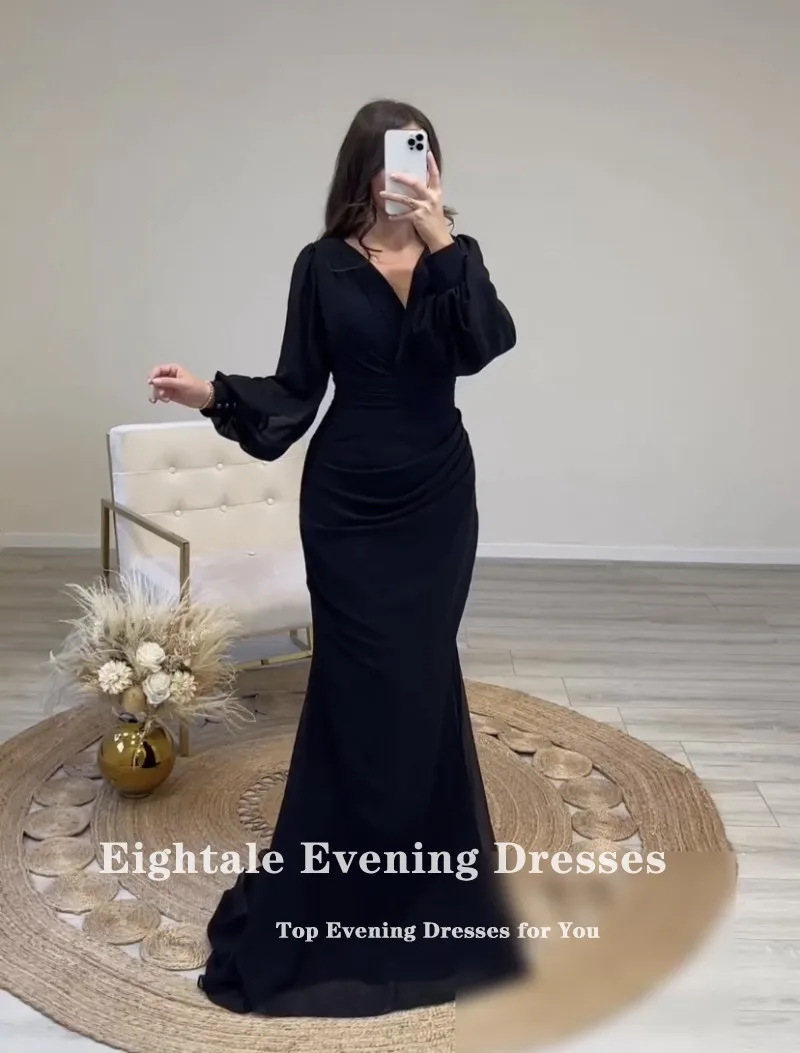 Eightale Formal Women\'s Evening Dresses for Wedding Party Customized Chiffon Mermaid Long Sleeves Black Sexy Arabic Prom Gowns