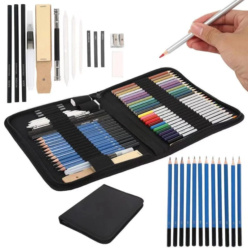 New 51 Piece Sketch Color Lead Painting Set Portable Black Kit Artist Wood Sketch Kit Graphite Charcoal Stick Art Supplies