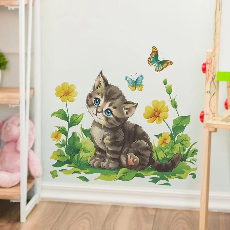 Cute Baby Cat Playing in the Flowers Butterfly Fluttering Vinyl Wall Baseboard Stickers for Living Room Bedroom Home Decoration