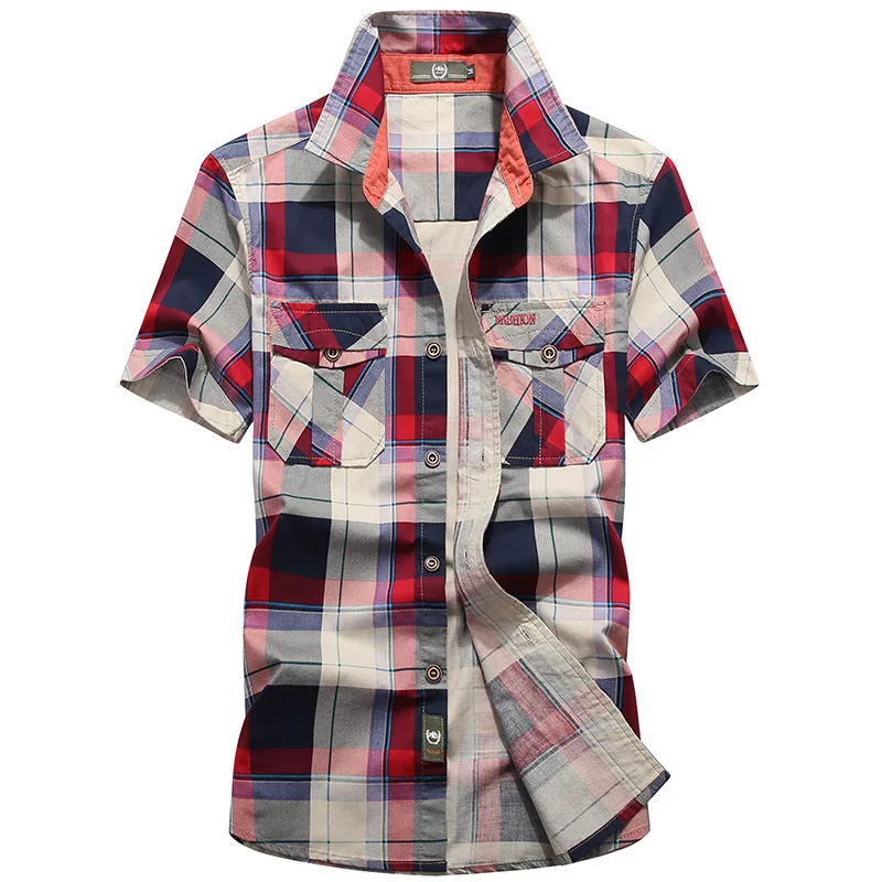 Men Summer Short-sleeved Plaid Shirts Male Military Outdoor Shirts Multi-pockets Tooling Shirts High Quality Man Cotton Shirts