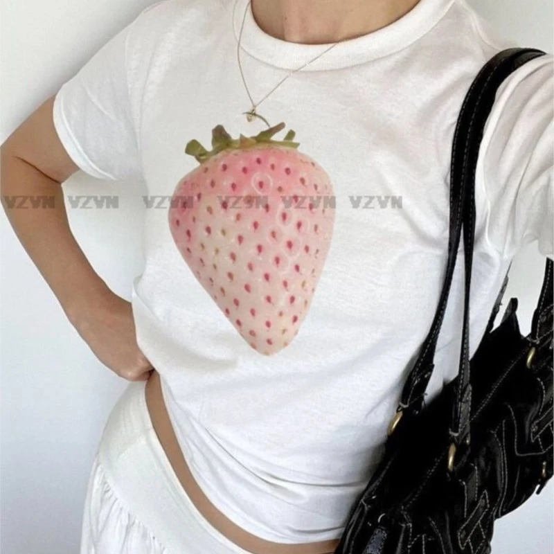 

Y2k kawaii Pink Strawberry printed Baby Tee Summer Women cute Harajuku Slim Vintage Emo Aesthetic Crop Tops grunge clothes