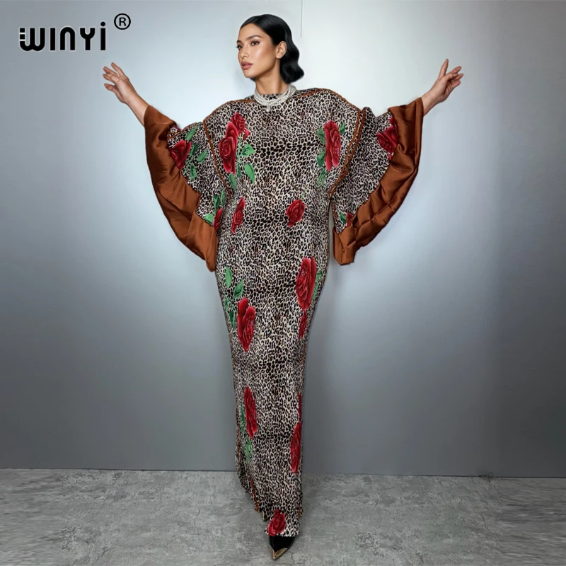 WINYI plissé élastique mince robe léopard nouveau vêtement de plage femme musulmane caftan abaya dubaï luxe longue vers le bas boho robe de soirée