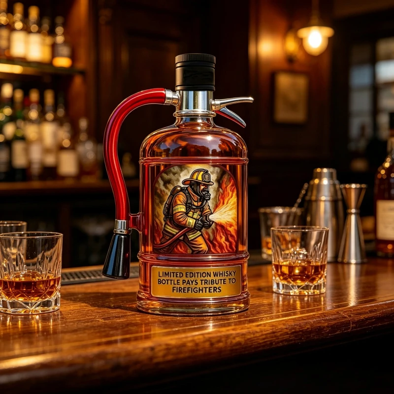 Whiskey Bottle Tribute to Firefighters, Collectible Fireman Themed Whisky Decanter with Fire Hose Design, Unique Gift