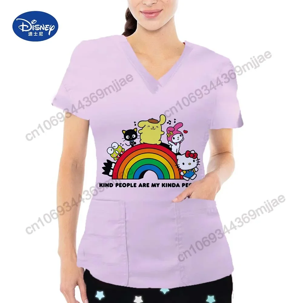 

V-neck Women's T-shirts Pocket Women Tops Cartoon Cut T-shirt Summer Women's T-shirts