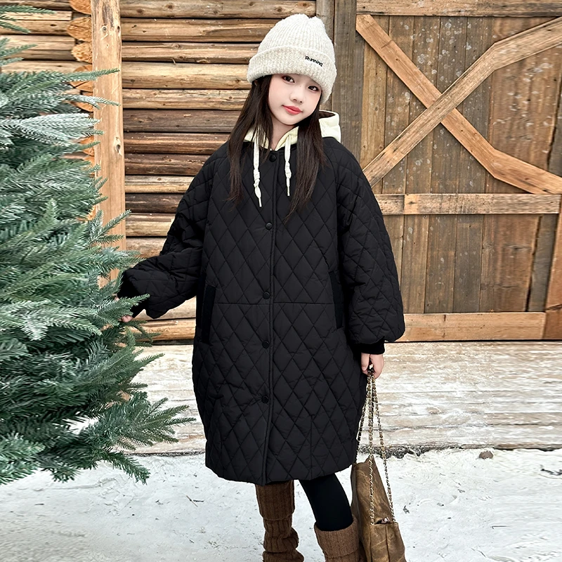 2025 AW جديد البند 4-14Y الفتيات معطف مبطّن اليابان الكورية موضة سميكة طويلة أسفل سترة المتضخم الشتاء معطف دافئ للأطفال