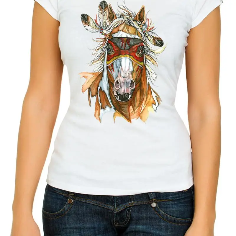 Apache caballo dibujo arte Color 3 4 Camiseta de mujer de manga corta K688