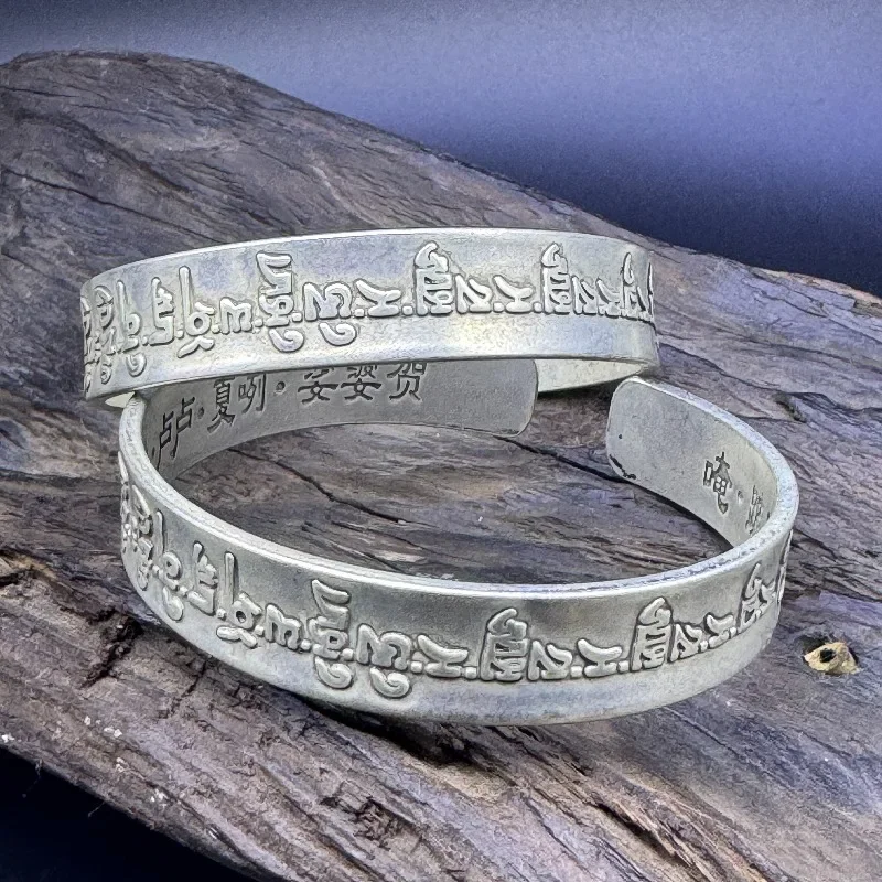 2026 New Vintage Old Silver Tone Open Cuff Bangle Carved Tibetan Script Ethnic Retro Statement Wrist Jewelry