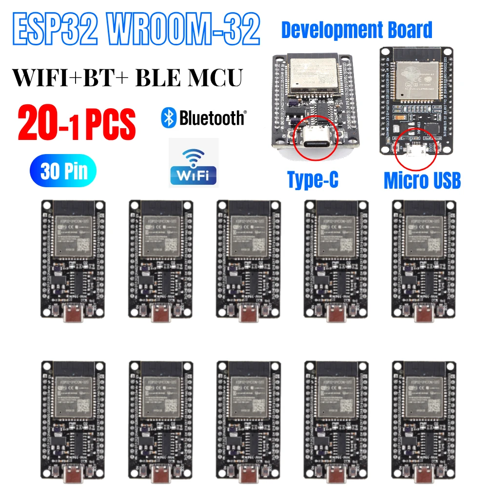 20-1PCS ESP32 Development Board 30Pin Expansion Board Compatible with ESP32 WROOM-32D Type-C WiFi+Bluetooth Wireless Module