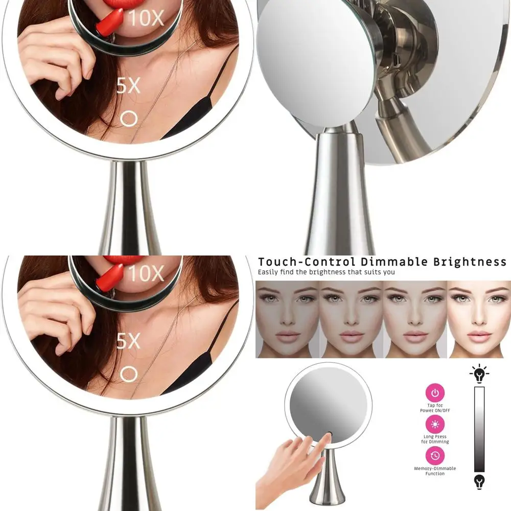 مرآة زينة LED مستديرة مع تكبير 5X/10X، تحكم باللمس، قابلة لإعادة الشحن، لاسلكية، سطوع قابل للتعديل #1