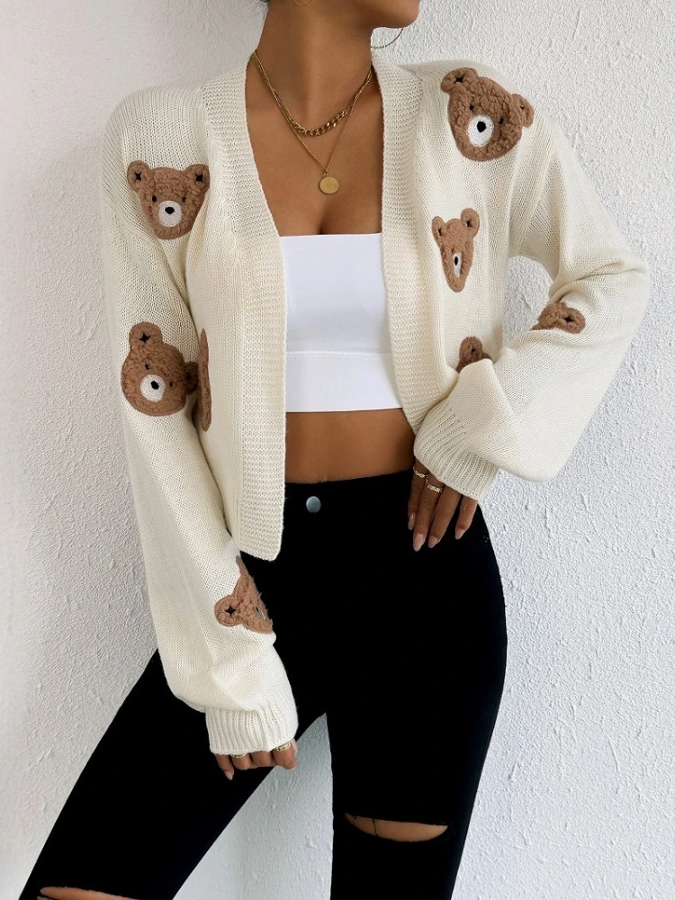 

Korobov Casual Kawaii/Cute Autumn Long Sleeve Jacquard Cartoon Loose Open Stitch Short Knitted Cardigan