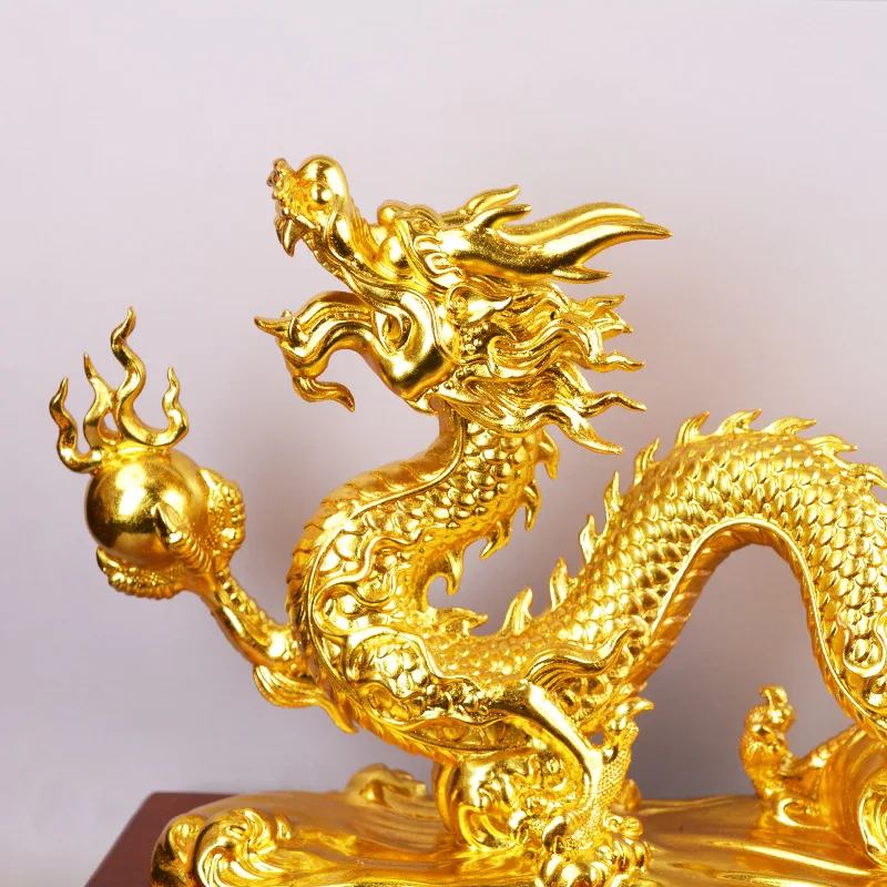 All-brass, gold-plated auspicious dragon figurine, a copper dragon for the entrance hall, symbolizing prosperity and good fortu