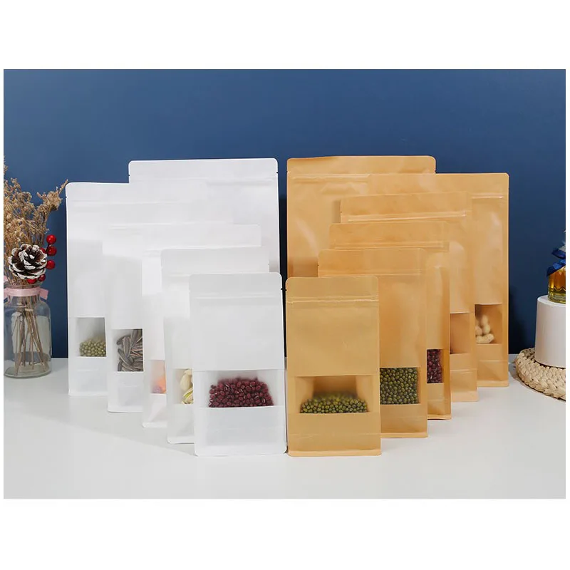 

50Pcs Thickened Kraft Paper Bags with Frosted Window Opening Eight-sided Sealed Self-sealing for Coffee Tea Food Packaging Bag