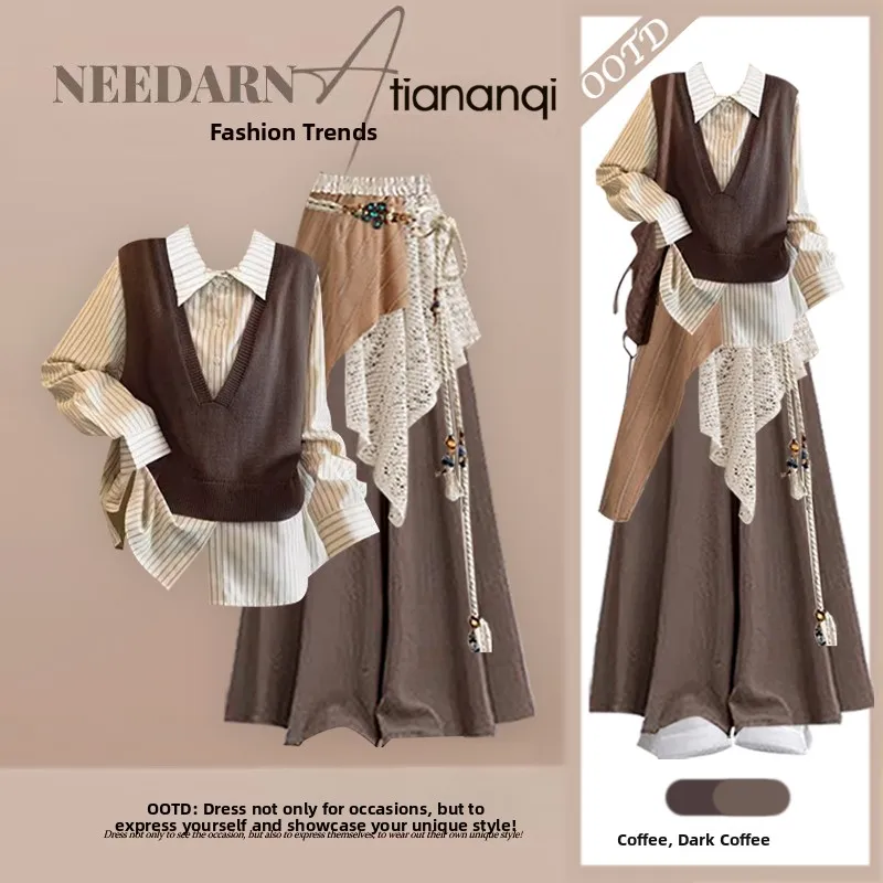 

Korean Sle Striped irt Layered Knitted Vest Spring 2026 New Arrival Patchwork Curtain Skirt Pants Four Piece Set
