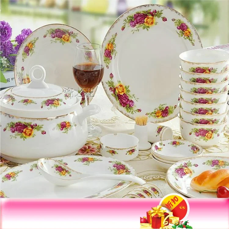 Genuine bone china platinum rose tableware set round plate and bowl accessories