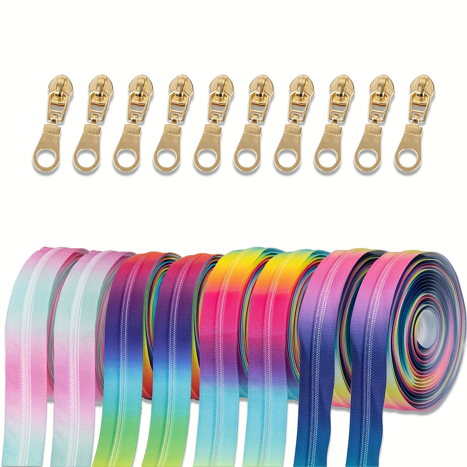 (Regenbogenreißverschluss) Nr. 5 bunte Reißverschluss-Codetaschen, Reißverschluss, Jacke, Knopfleiste, Reißverschluss, 4,5 Meter lang, mit 10 goldenen Reißverschlussköpfen