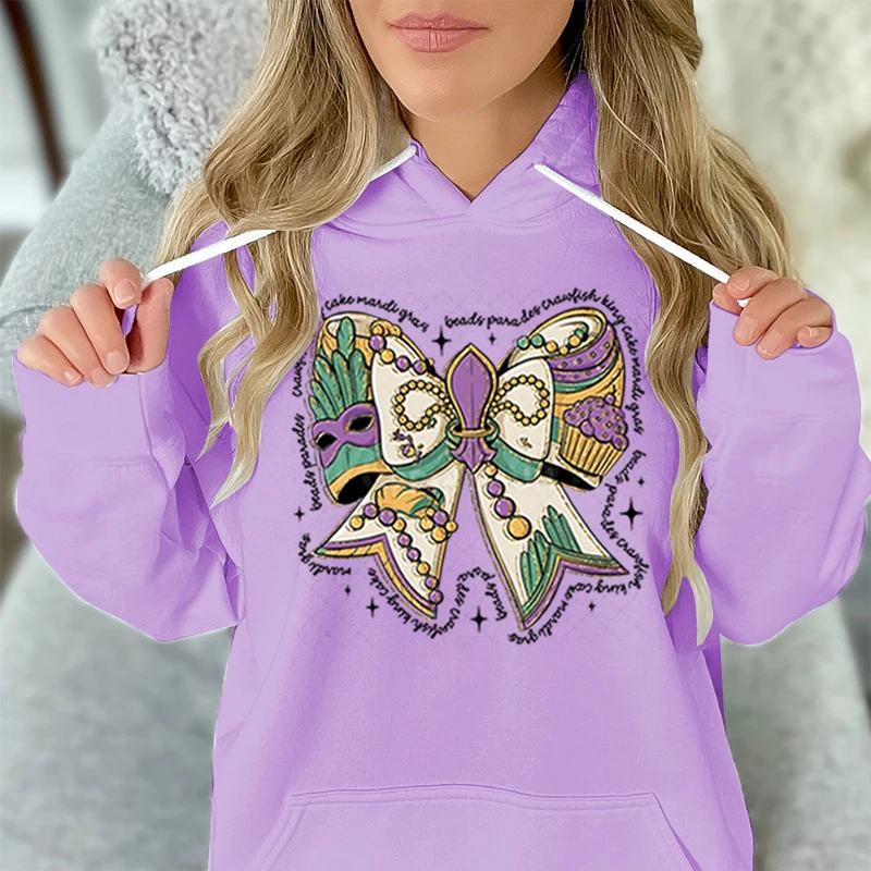 Женская одежда Mardi Gras Coquette Bow Графические толстовки Толстовки Mardi Gras Vibes Essential пуловер Рубашка с капюшоном Fat Tuesday