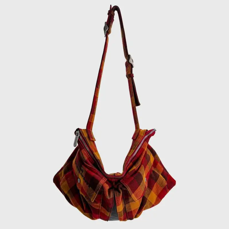 New Fashionable Pure Cotton Leather Patchwork Plaid Waist Bag, Multifunctional And Portable Single Shoulder Crossbody Bag Trendy