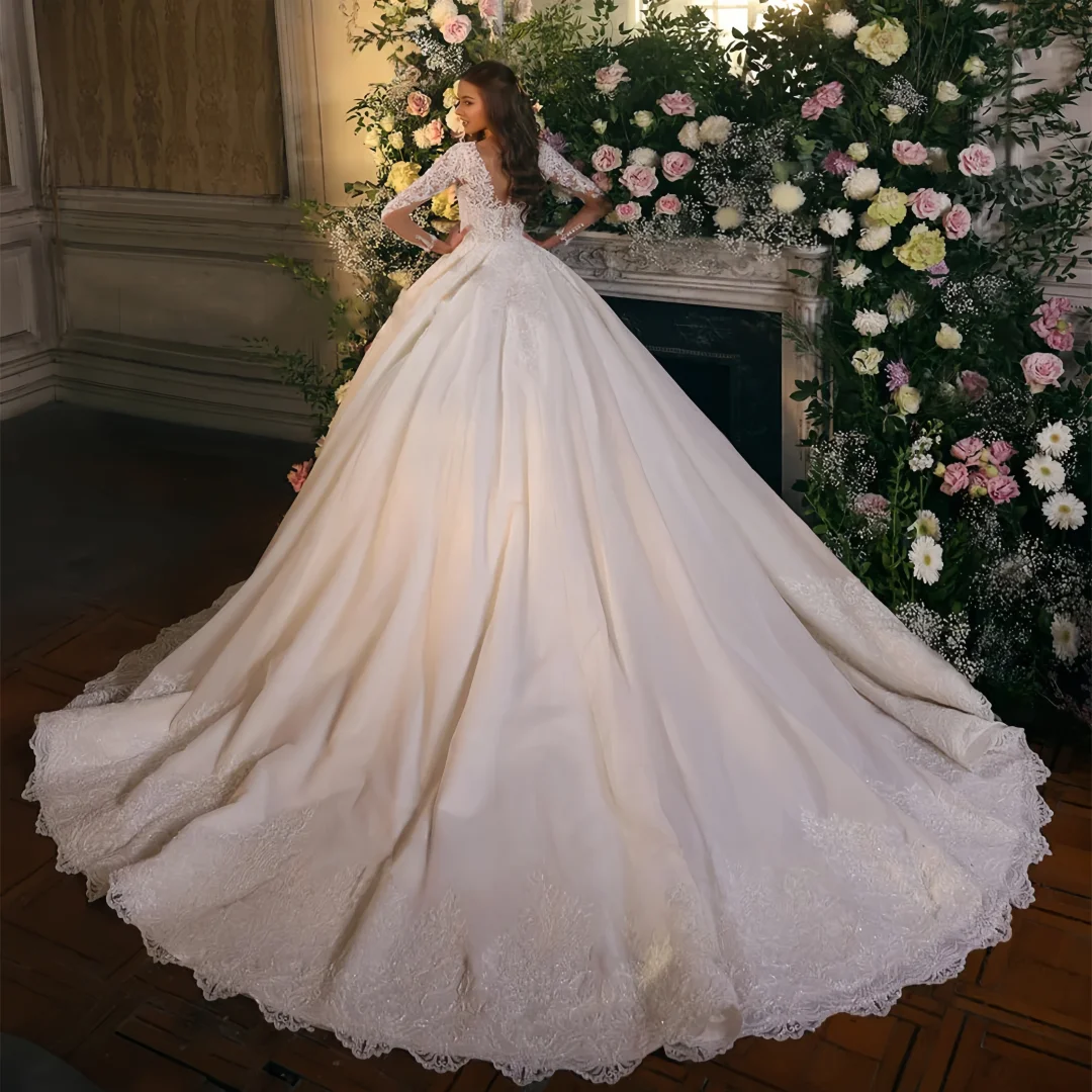 Suknia ślubna szyta na miarę, elegancka, z długim rękawem, dekoltem w serek, aplikacjami z cekinów, fason A-line, błyszcząca suknia dla panny młodej, Vestido De Noi