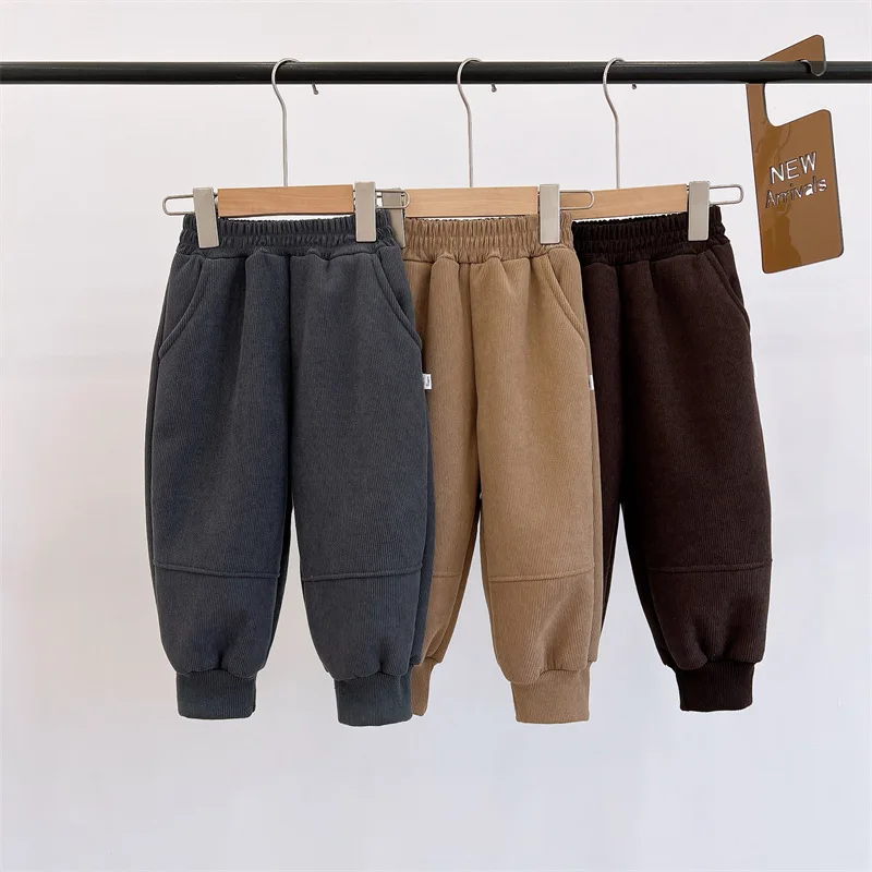 

2025 г., осенне-зимние теплые утепленные брюки для мальчиков и девочек, однотонные повседневные брюки для бега, удобная детская одежда, новая модная одежда