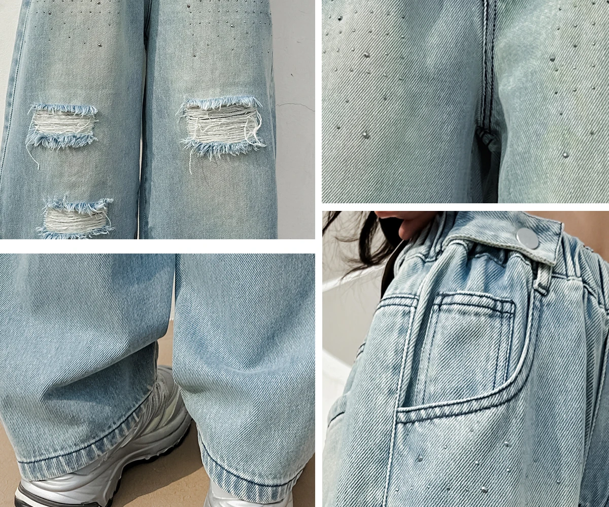 Summer girls and children\'s fashion loose solid color bright diamond jeans casual pants Harlan pants 4-10 years old