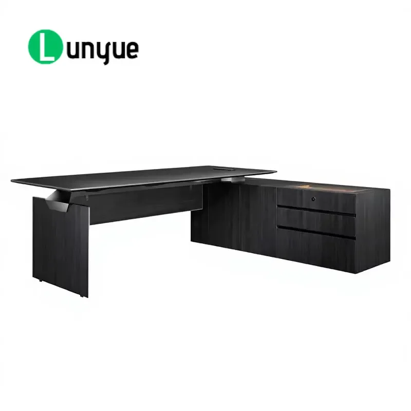 Modern Executive Desk Workstation Wood Grain Base with Drawers and Lockers Metal Legs for Office Business Furniture Durable