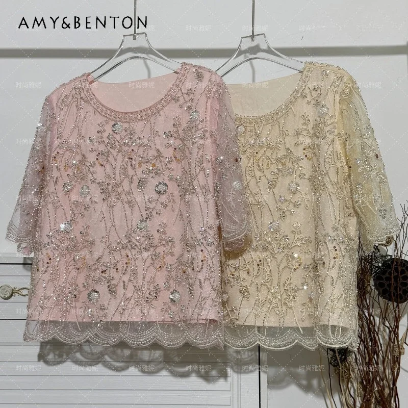 

Y2k Beaded Sequin Floral Pearl Lace Blouse O-Neck Short Sleeves Shirt Elegant Party Dinner Slim Fit Lace Top Performance Costume
