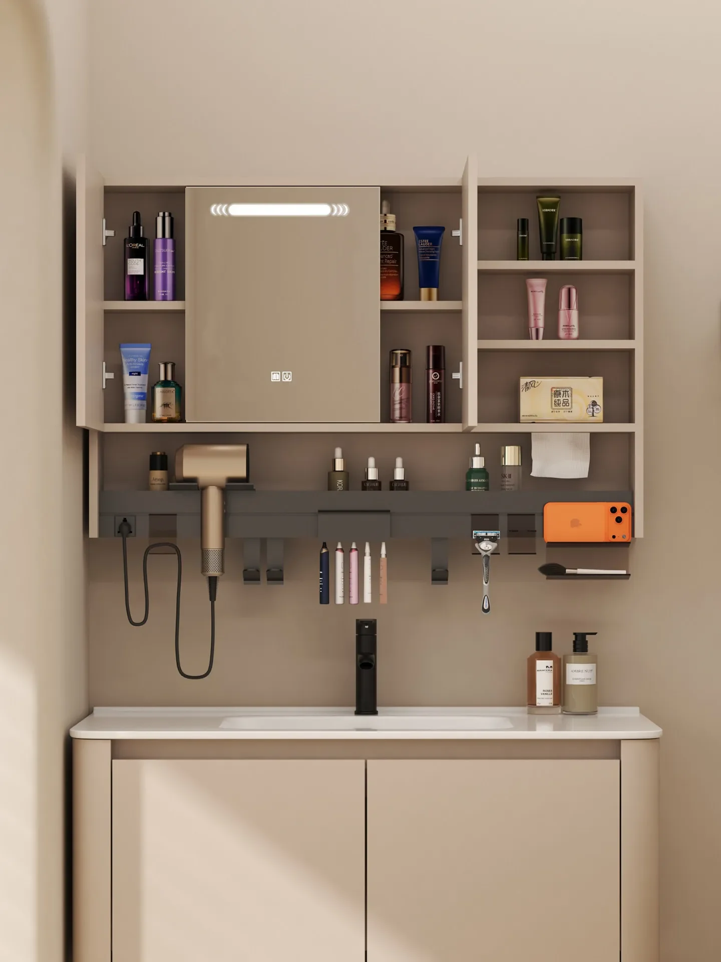 Hidden honeycomb aluminum door feng shui smart bathroom mirror cabinet locker wall hanging multi-function