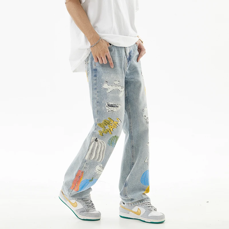 Men's trend personality loose straight wide-leg trousers street hip-hop printed jeans casual retro high-end washed trousers