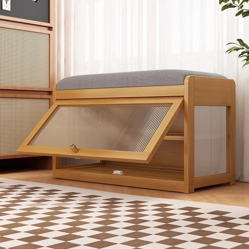 ‌Cream Style Shoe Bench with Soft Cushion, Flip-Door Entry Shoe Cabinet, Dustproof Multi-Layer Shoe Rack for Hallway Living Room