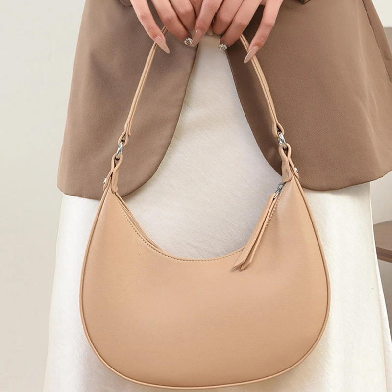 Trendy Crescent Bag For Women, PU Leather Underarm Purse, Roomy Hobo Handbag With Zipper For Everyday Use Solid Color - view 6