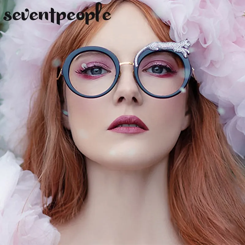 Runde Sonnenbrille Frauen Luxus Designer Kristall Leopard-Shaped Sun Gläser für Weibliche Mode Anti Blau Licht Brillen Damen – Detail 5