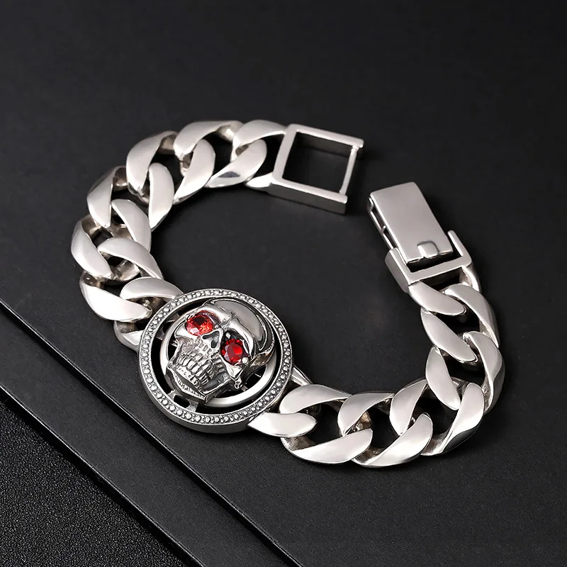 

s925 sterling silver ornament thick type men's power style personalized skull rotatable Thai silver retro punk rock bracelet