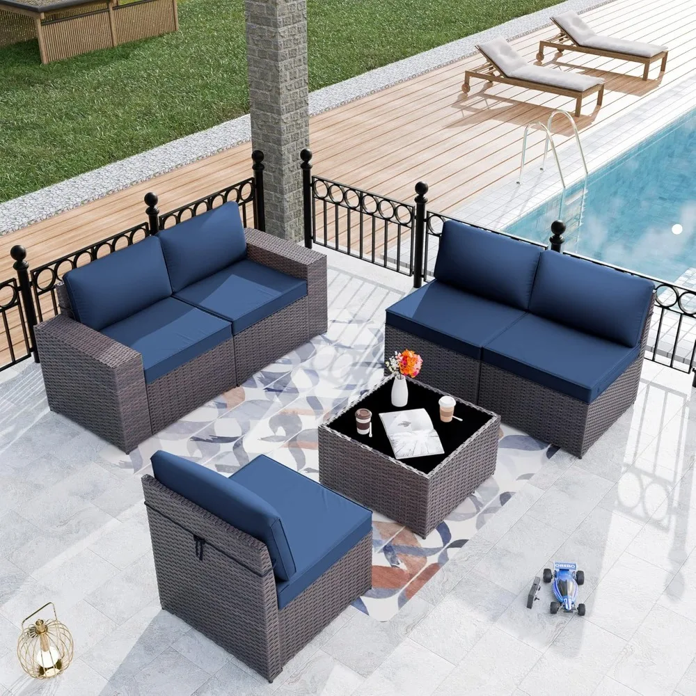 6 Pieces Patio Furniture Set, Rattan Outdoor Conversation Sets W/4 Inch Cushion And Glass Coffee Table(navy Blue)