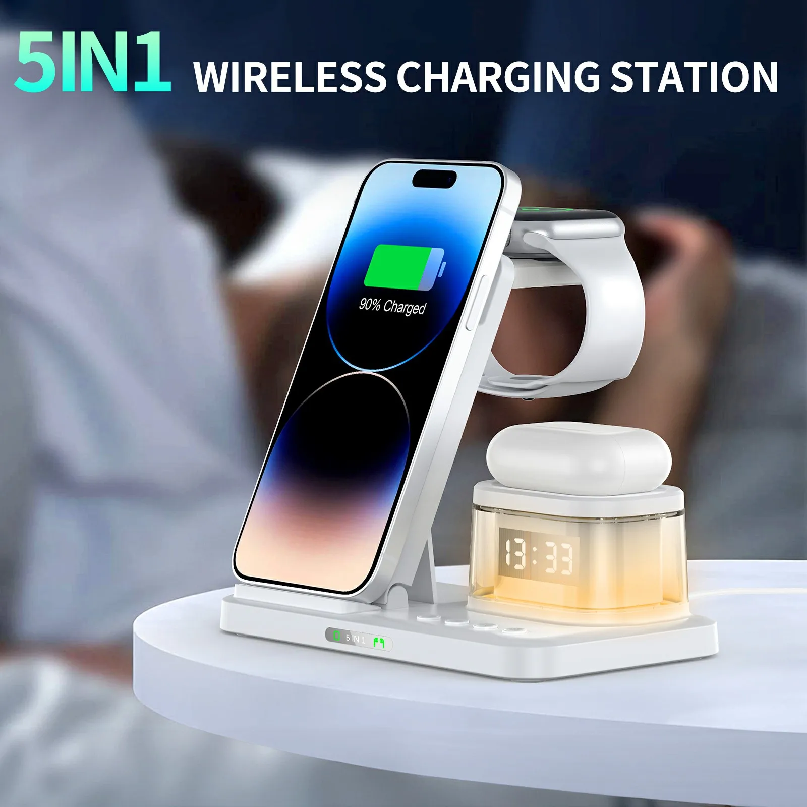 5-in-1 15W Wireless Charger Folding Charging Station with Night Light for Iphone IWatch Airpods