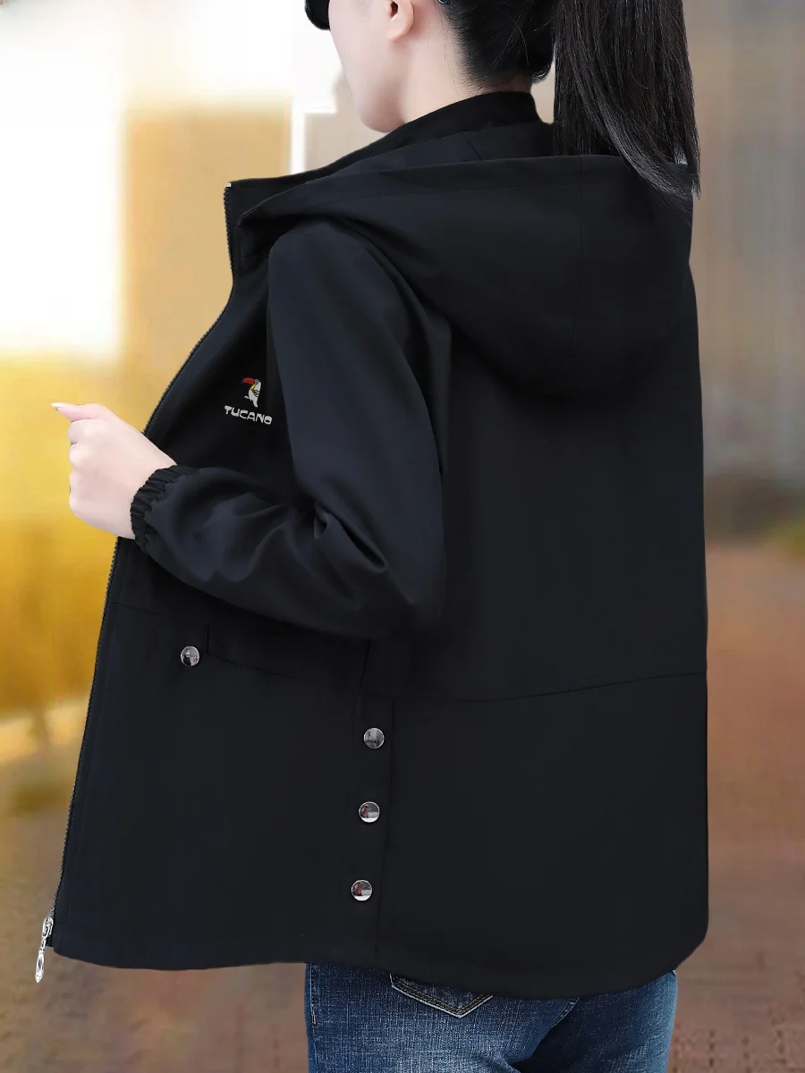 

TUCANO Spring 2025 ort Casual Women's Jaet Faionable Loose Top Zipper ket Belted Polyester Fiber Long Sve Coat