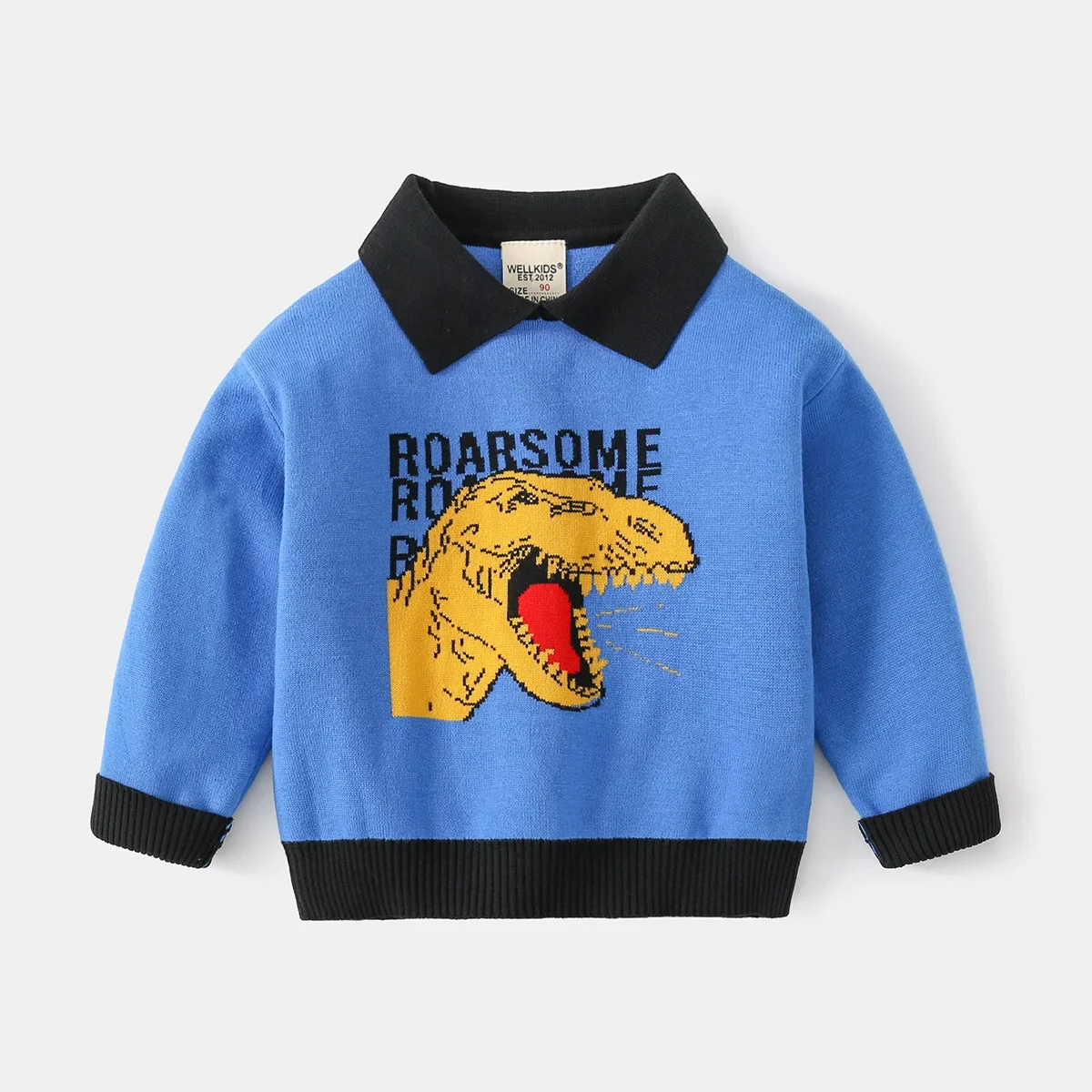 New 2025 Spring Autumn Boys Fashion Cartoon Dinosaur Lapel Pullover Knitted Sweater Child Casual Sweaters Knitwear Clothing