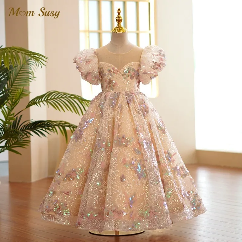 

Baby Girl Princess Sequins Tutu Long Dress Puff Sleeve Child Vintage Tulle Vestido Party Pageant Birthday Ball Gown 1-14Y