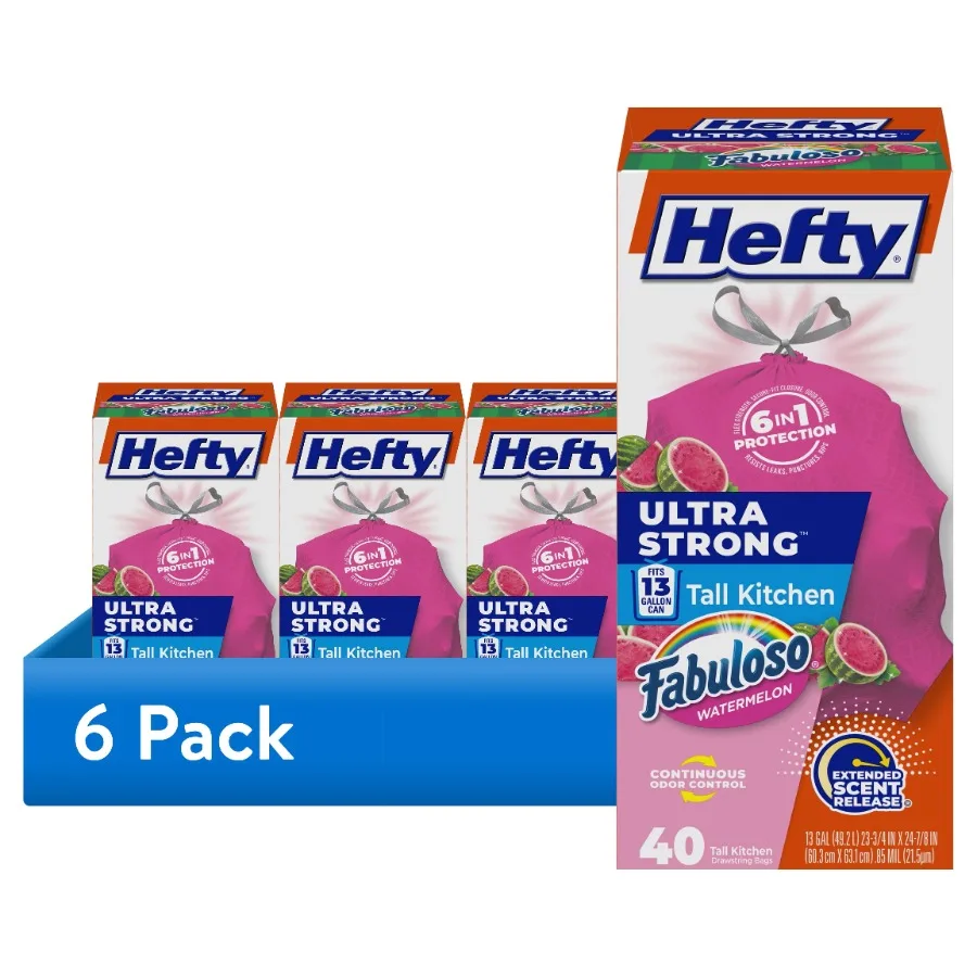 

6 pack Ultra Strong 13 Gallon Trash Bags Tall Kitchen Trash Bags Pink Fabuloso Watermelon Scent 40 Bags